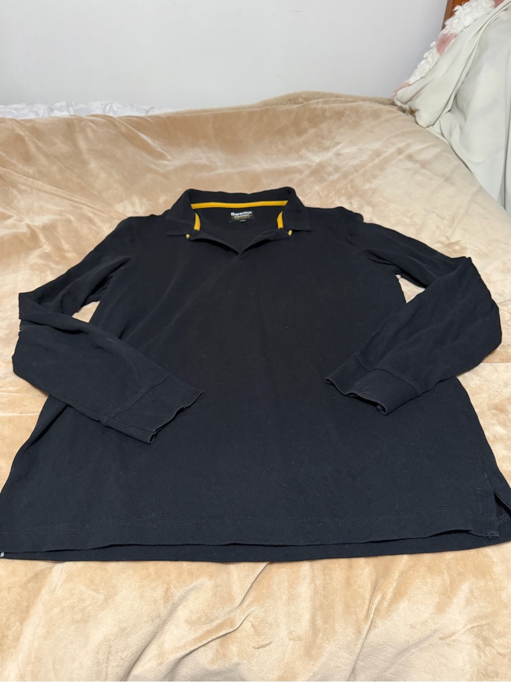 Barbour International Black Long-Sleeve Polo with Yellow Collar Trim Men’s XL